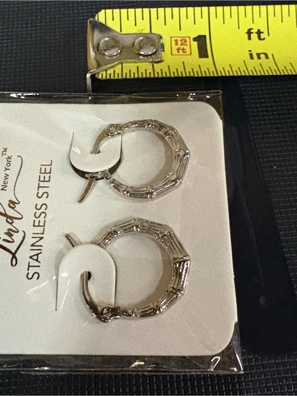 Linda New York Stainless Steel Bamboo Hoop Earrings NWT Silver Textured Hoops - Picture 5 of 5